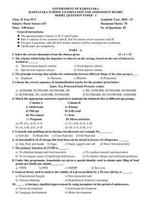 Karnataka II PUC Home Science Model Question Paper I 2025