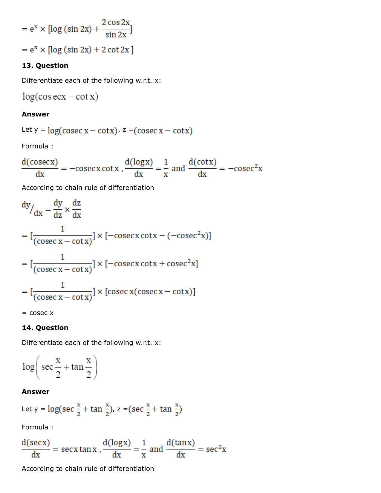 Rs Aggarwal Class 12 Differentiation Solutions