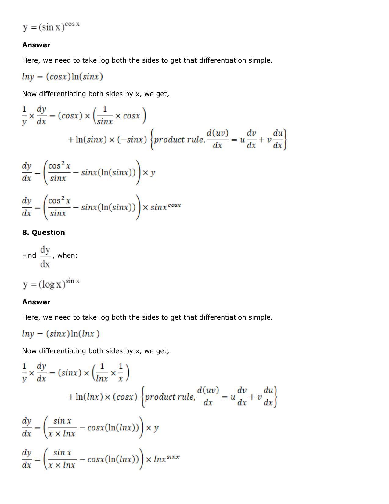 Chapter 10: Differentiation Solutions: RS Aggarwal Class 12 Solutions  - Page 150