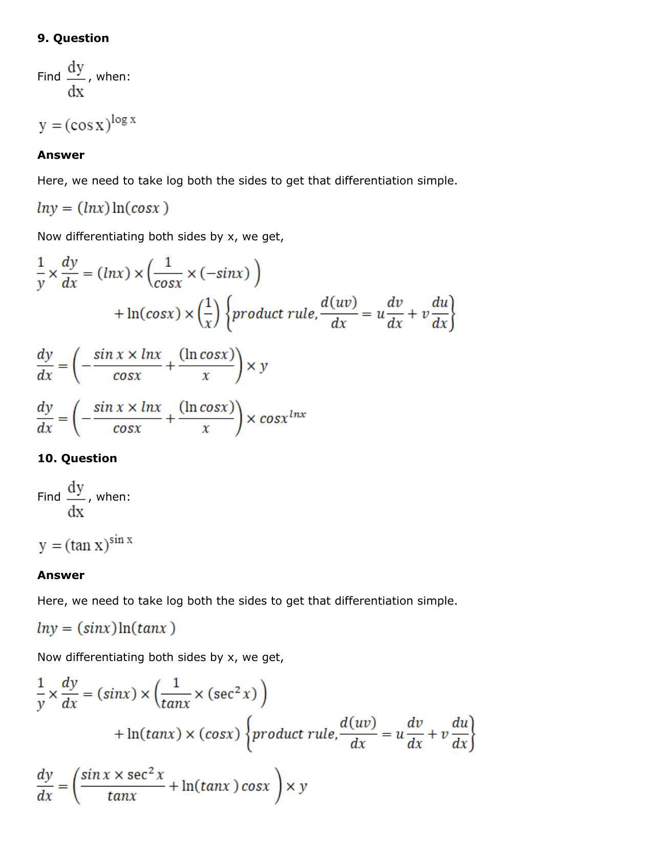 Chapter 10: Differentiation Solutions: RS Aggarwal Class 12 Solutions  - Page 151