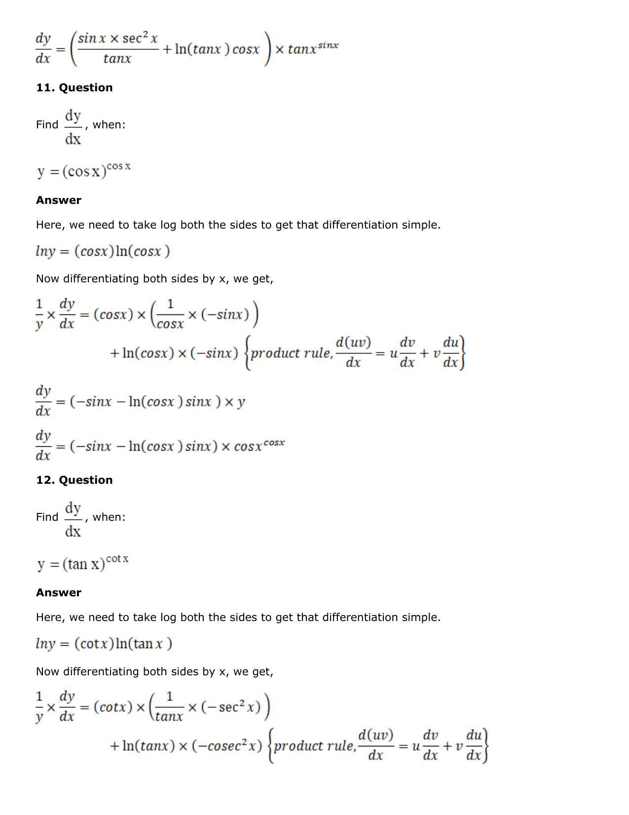 Chapter 10: Differentiation Solutions: RS Aggarwal Class 12 Solutions  - Page 152