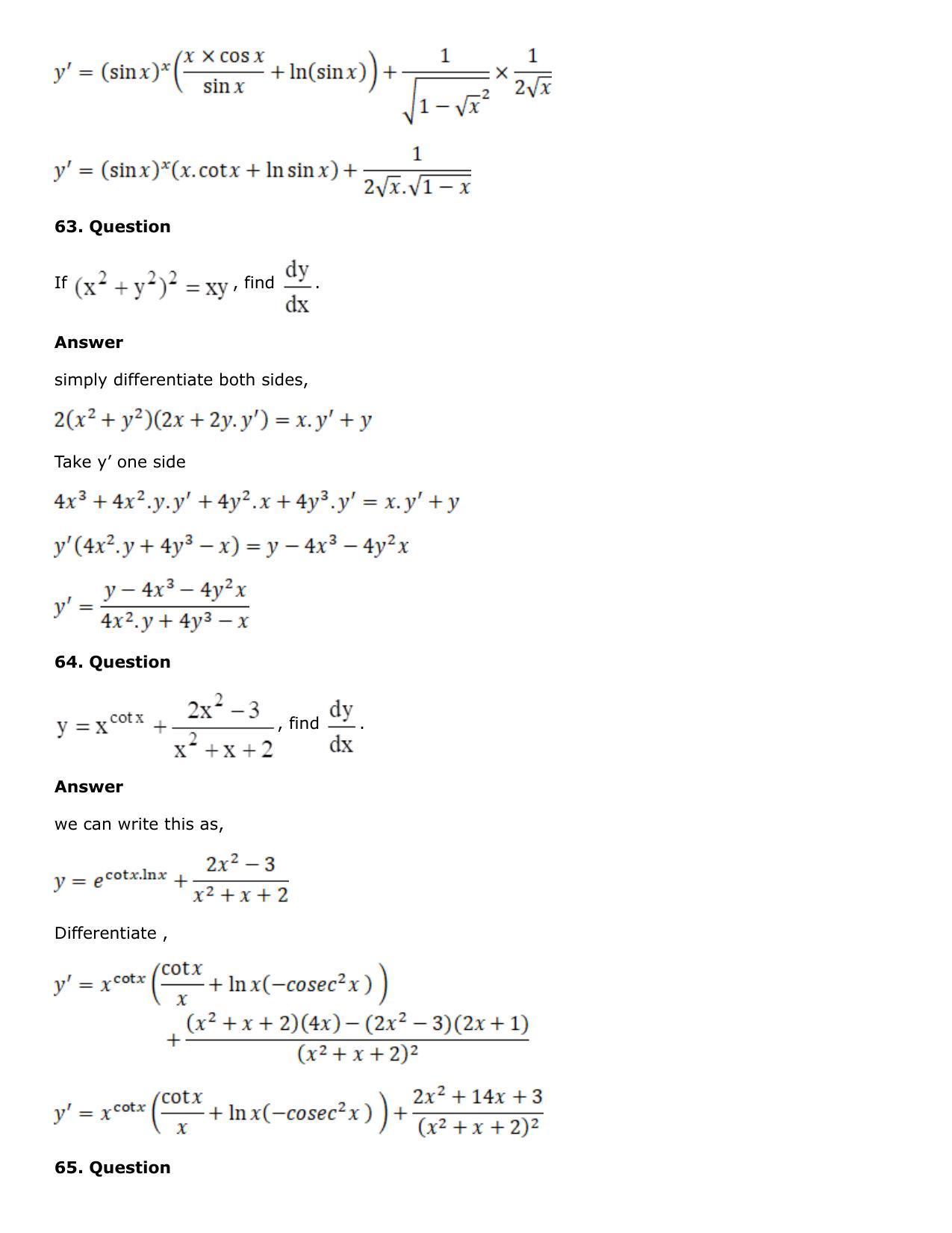 Chapter 10: Differentiation Solutions: RS Aggarwal Class 12 Solutions  - Page 185