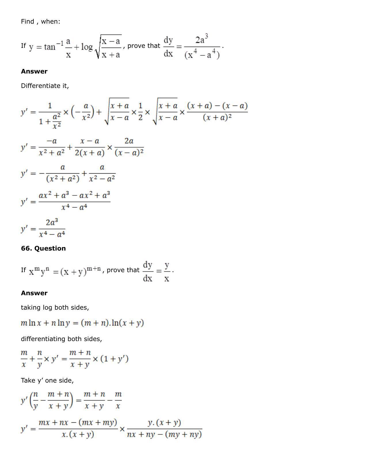 Chapter 10: Differentiation Solutions: RS Aggarwal Class 12 Solutions  - Page 186