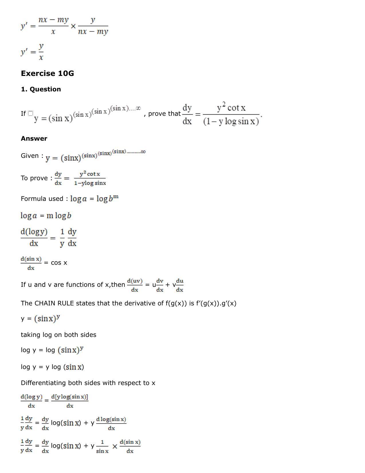 Chapter 10: Differentiation Solutions: RS Aggarwal Class 12 Solutions  - Page 187