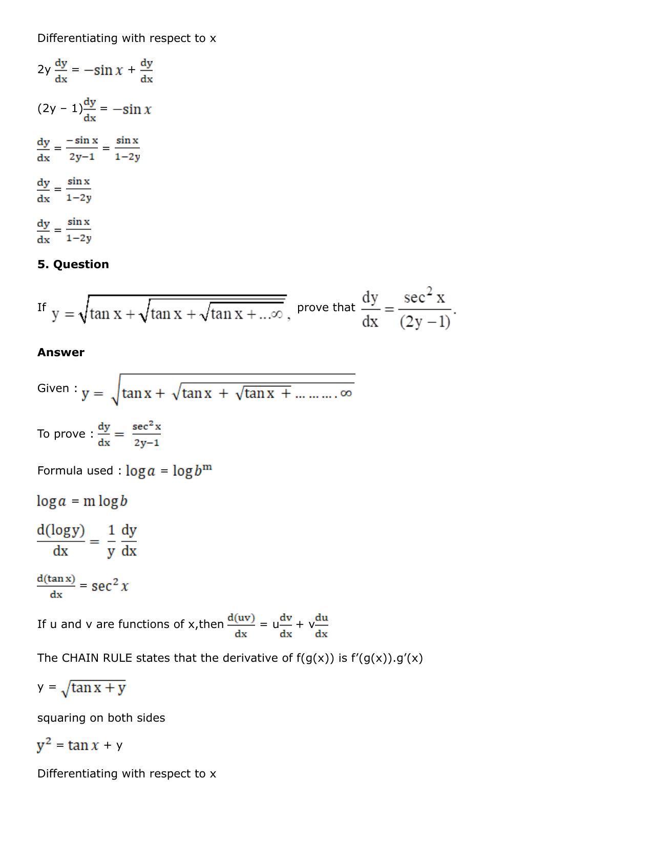 Chapter 10: Differentiation Solutions: RS Aggarwal Class 12 Solutions  - Page 191