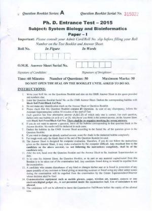 PU MPET System Biology and Bioinformatics 2015 Question Paper