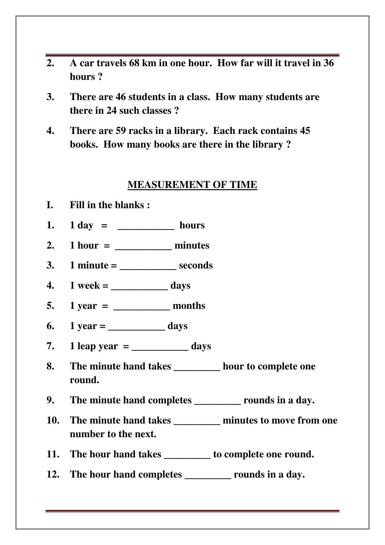 Worksheet for Class 3 Mathematics Assignment 12 - Page 5
