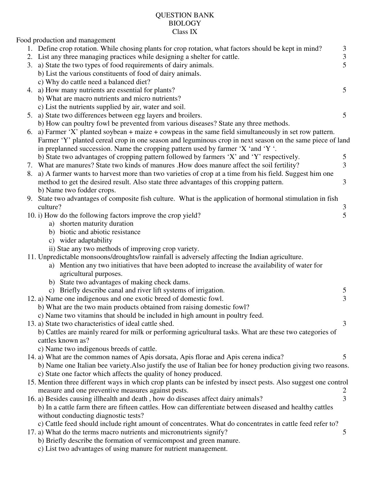CBSE Worksheets for Class 9 Biology Food production and management Assignment - Page 1
