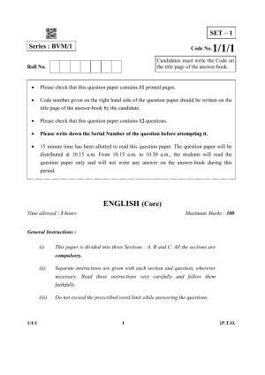 CBSE Class 12 1-1-1 (English Core) 2019 Question Paper