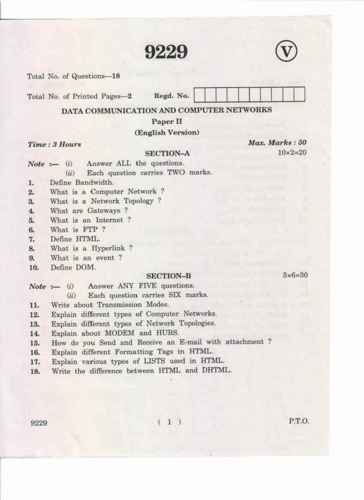 AP Inter 2nd Year Data Communication and Computer Networks-II May-2019-Vocational Question Paper - Page 1