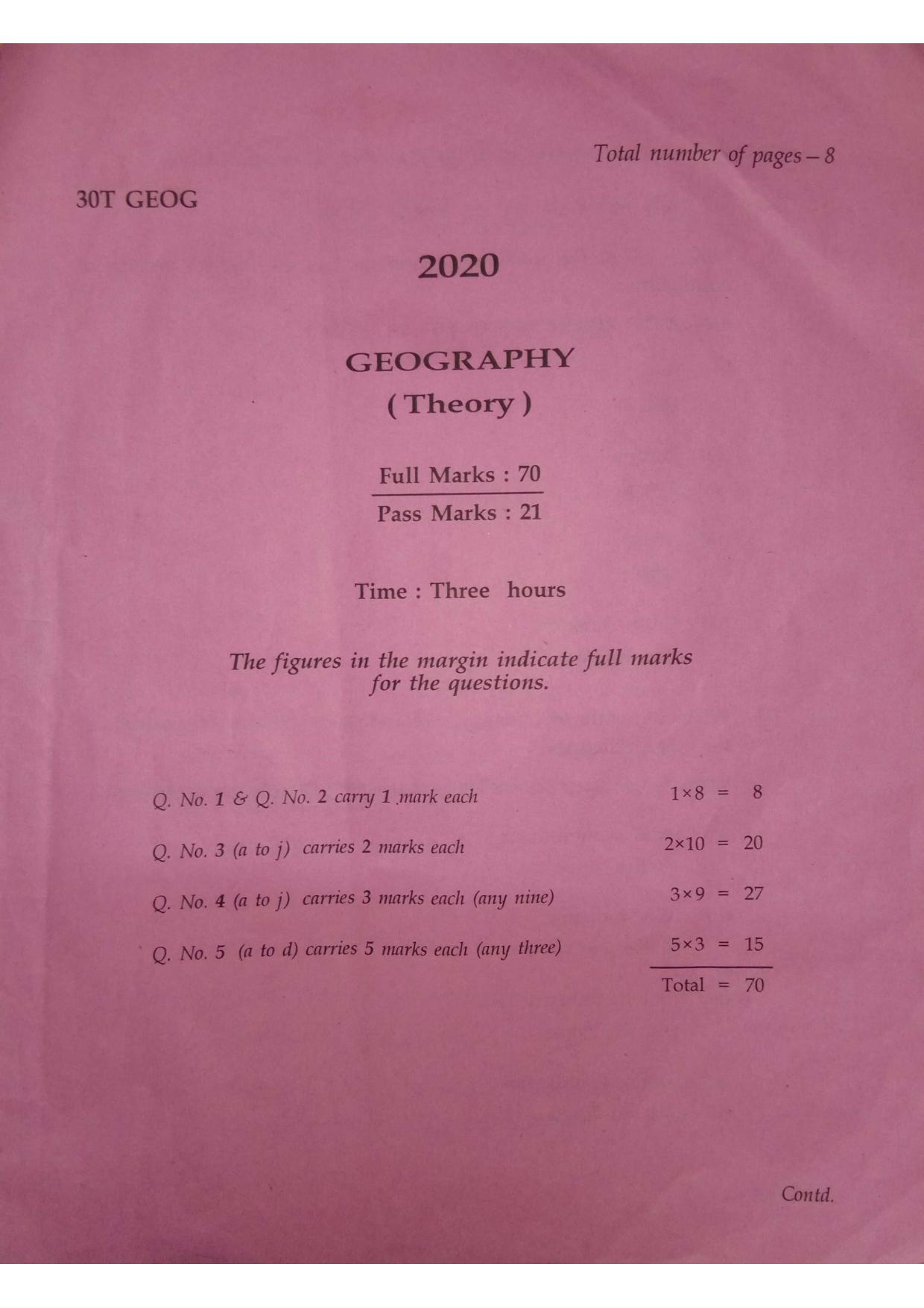 Assam HS 2nd Year Geography 2020 Question Paper - Page 1