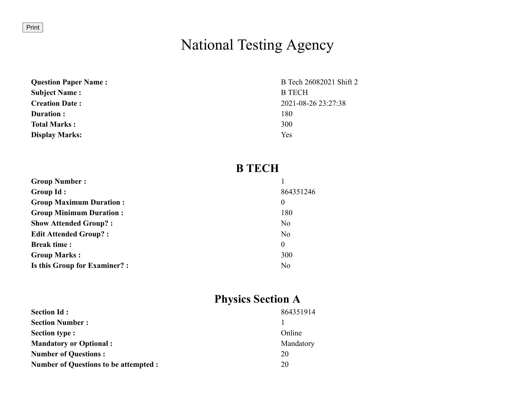 JEE Mains 2021: BTech (Shift 1) 26-08-2021 Question Paper - Page 1