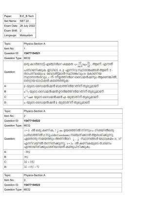 JEE Mains 2022: BTech Malayalam (Shift 2) 28-07-2022 Question Paper