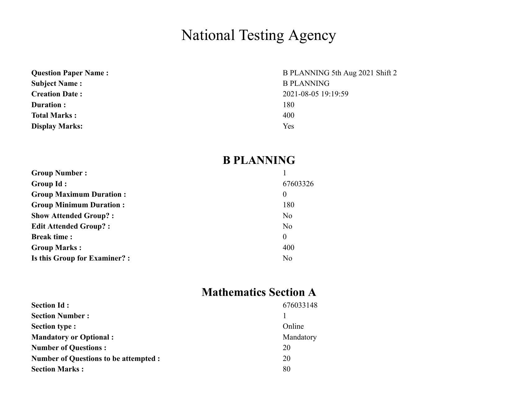 JEE Mains 2021: B Planning English (Shift 2) 05-08-2021 Question Paper - Page 1