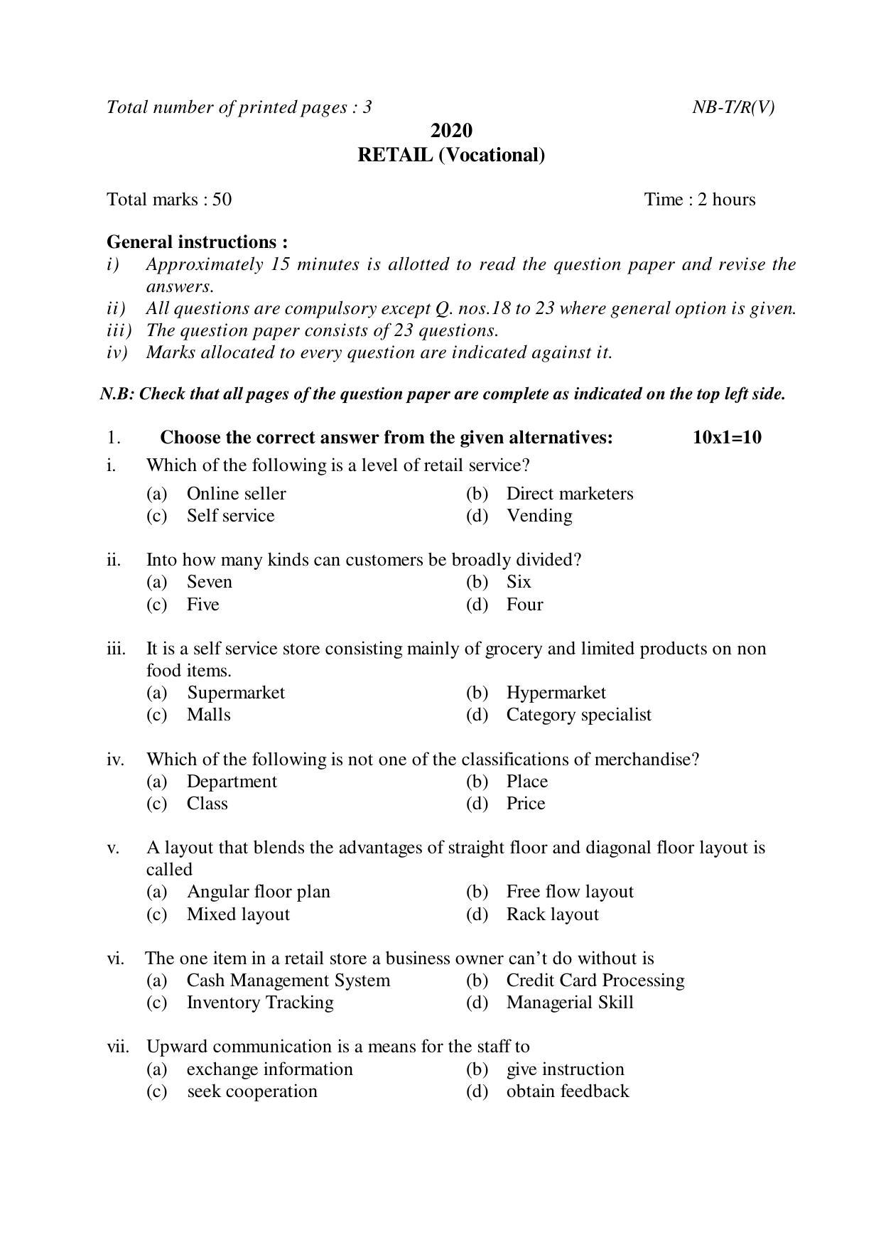 Nagaland Board Class 10 RETAIL (Vocational) 2020 Question Paper - Page 1