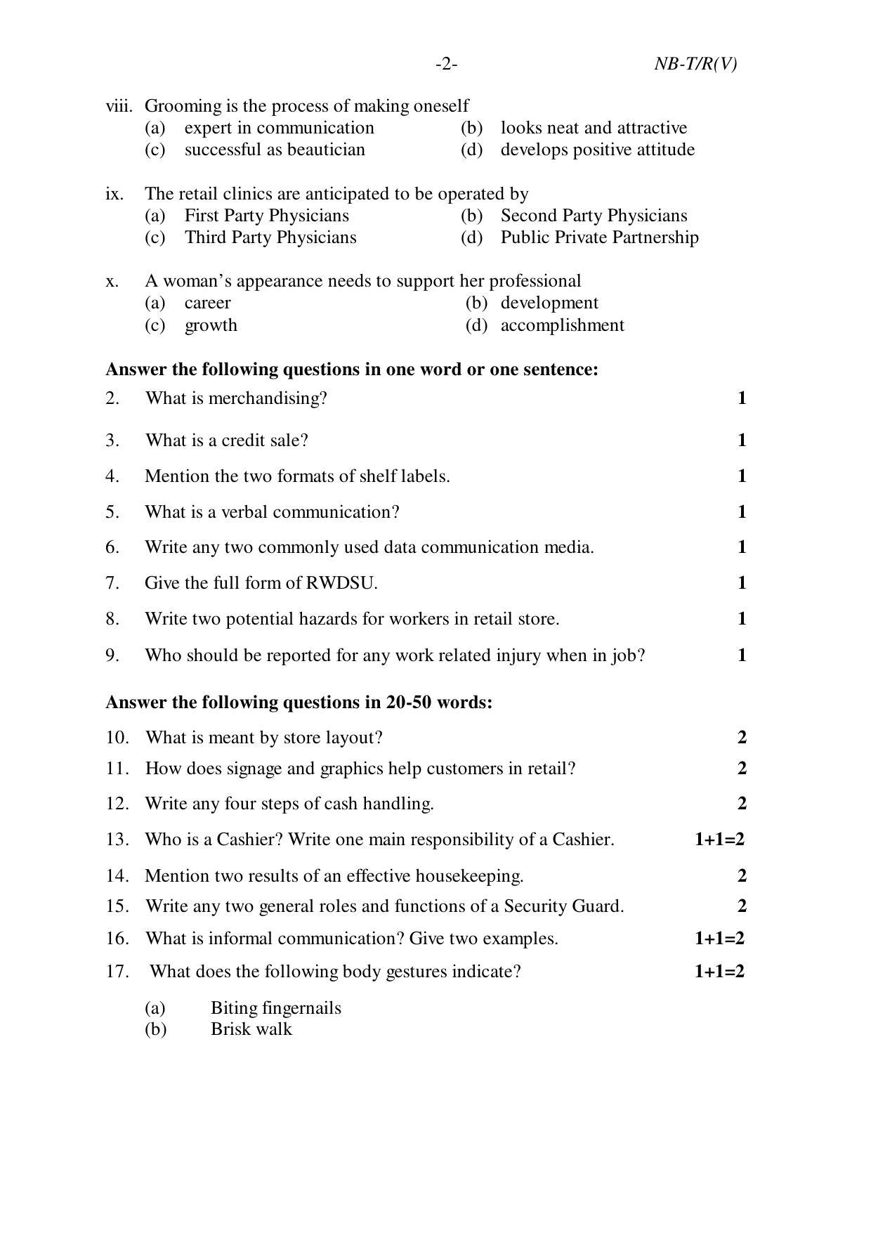 Nagaland Board Class 10 RETAIL (Vocational) 2020 Question Paper - Page 2