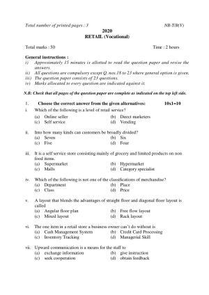 Nagaland Board Class 10 RETAIL (Vocational) 2020 Question Paper