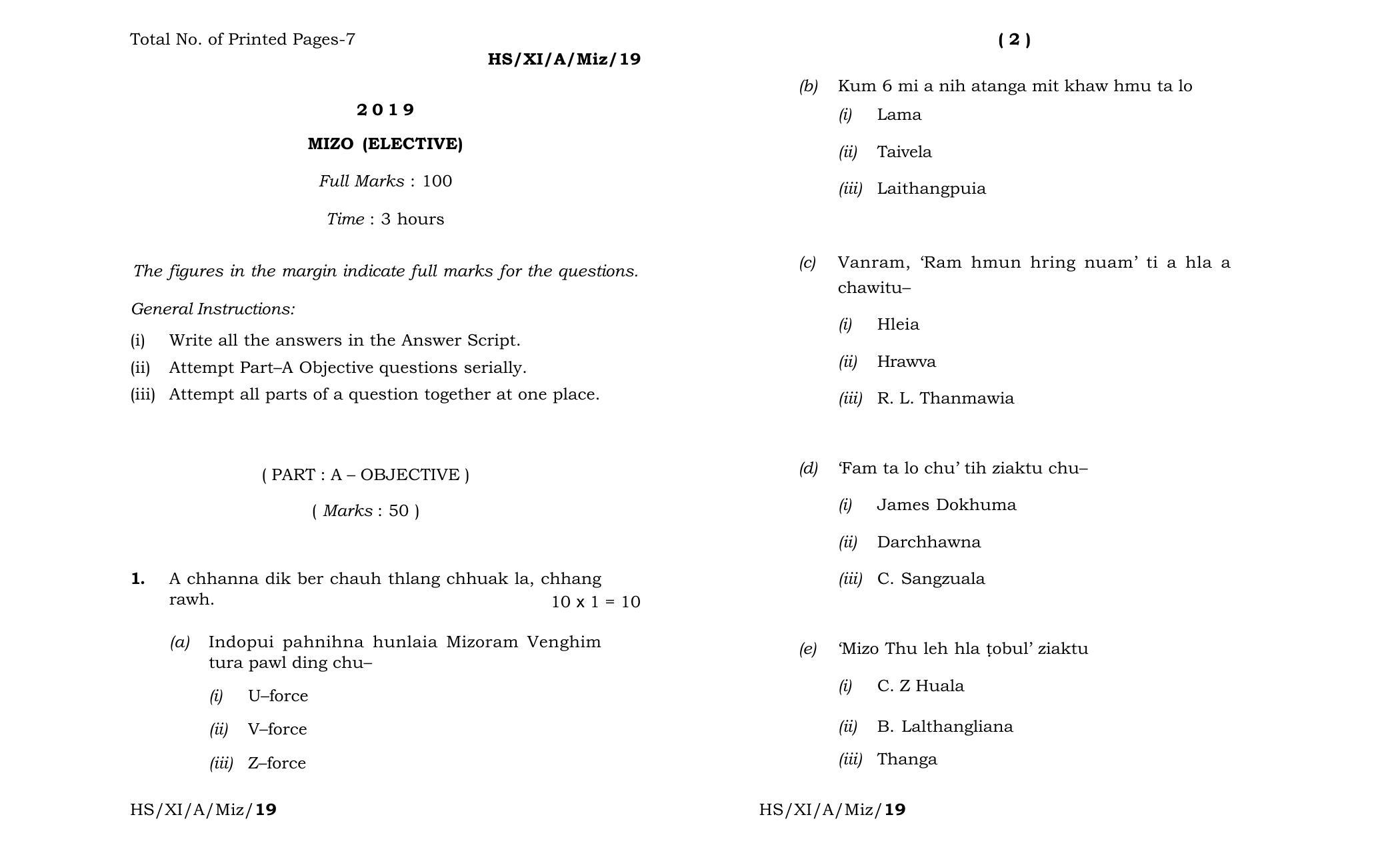 Meghalaya Board (MBOSE) Class 11 Mizo_Elective 2019 Question Paper - Page 1
