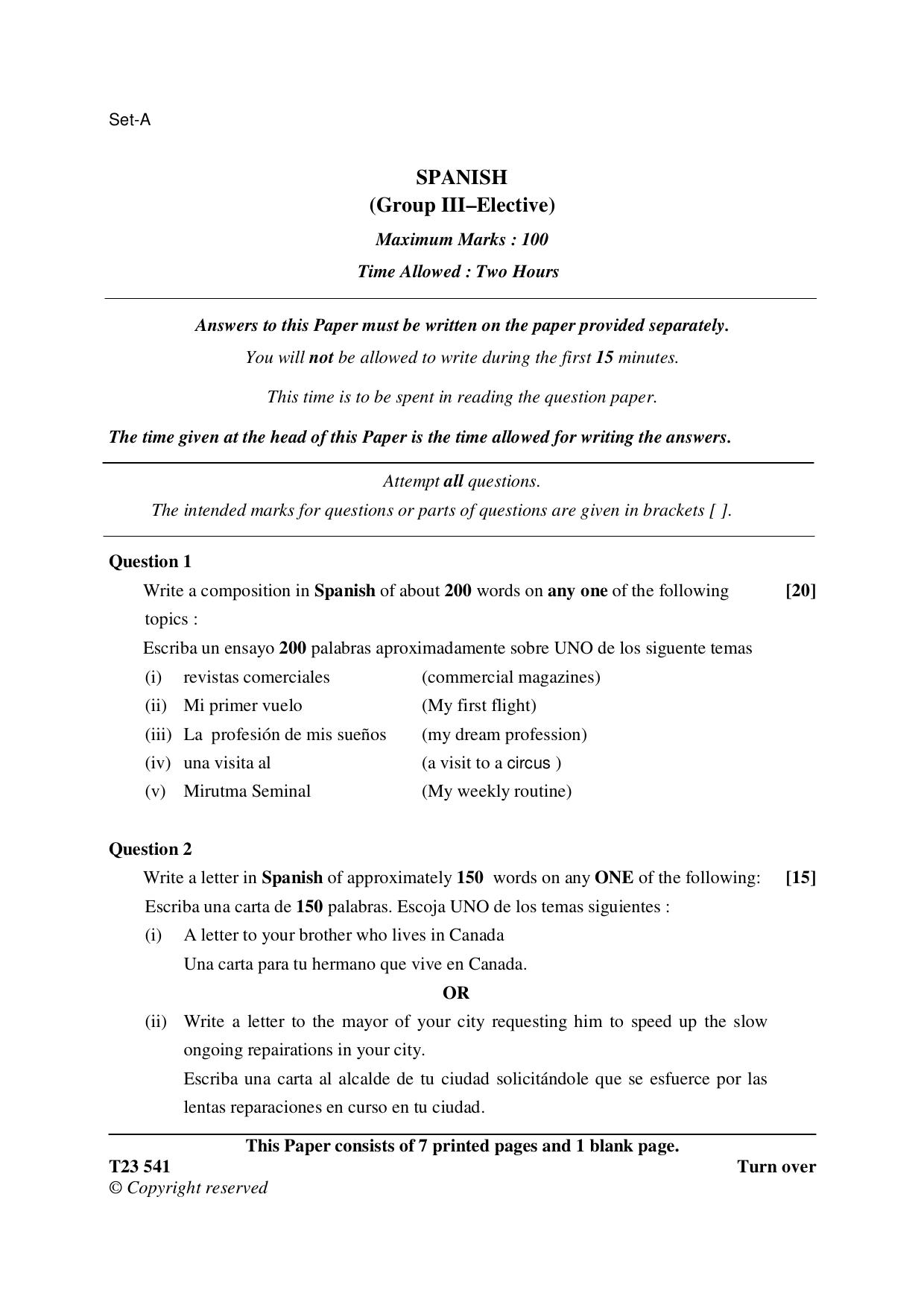 ICSE Class 10 SPANISH (Group III Elective) 2023 Question Paper - Page 1