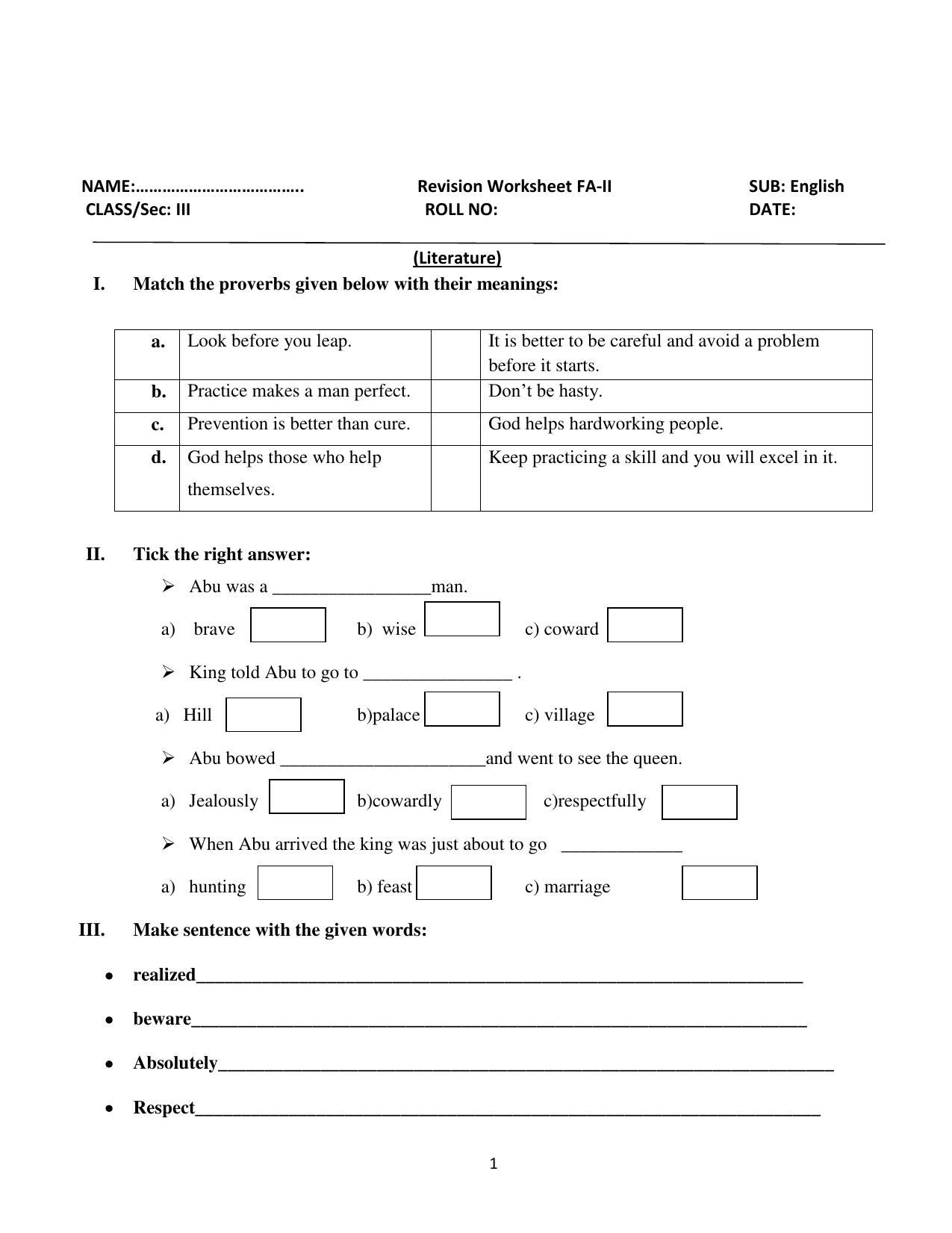 Worksheet for Class 3 English Literature Assignment - Page 1