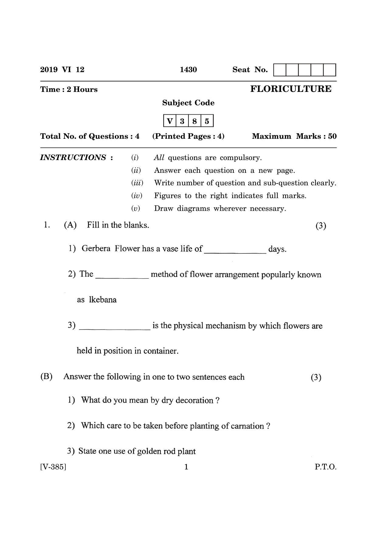 Goa Board Class 12 Floriculture (June 2019) Question Paper - Page 1