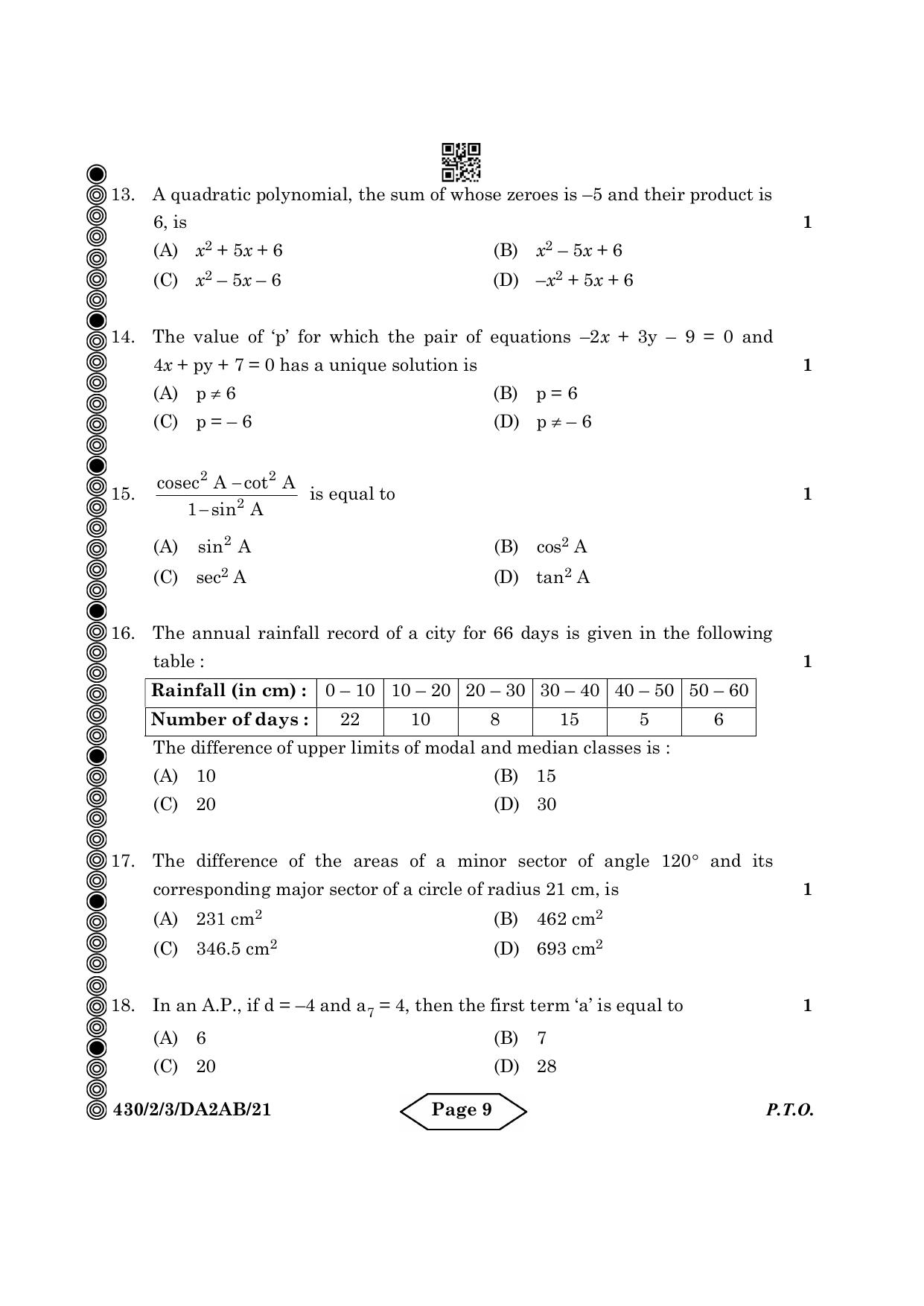 CBSE Class 10 430-2-3 Mathematics Basic 2024 Question Paper - Page 9