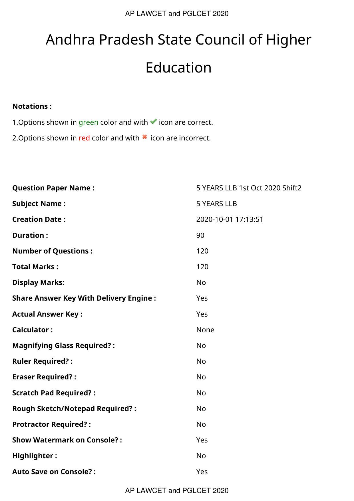 AP LAWCET 2020 - 5 Year LLB Question Paper With Keys - Page 1