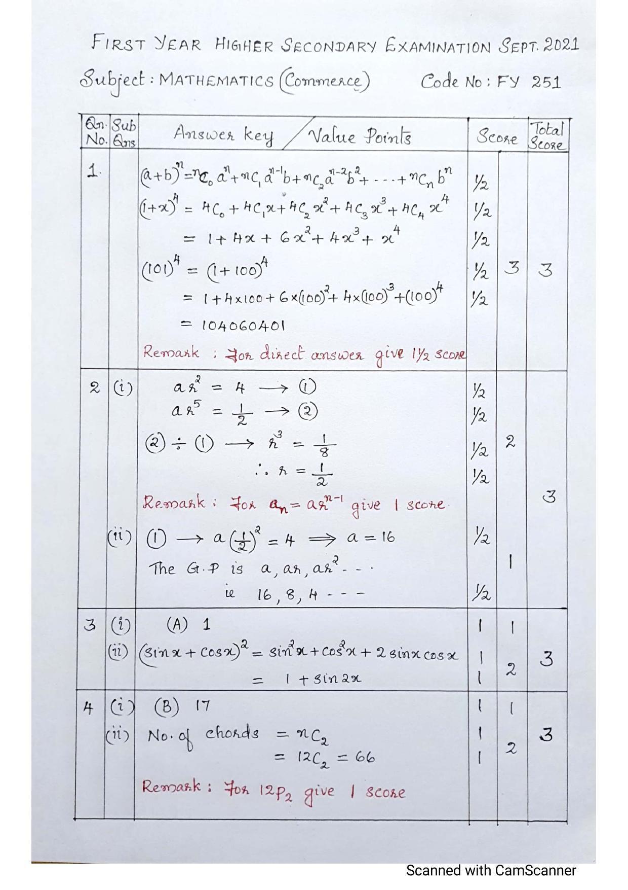 Kerala Plus One (Class 11th) Mathematics-Commerce (60 Score) Answer Key 2021 - Page 1