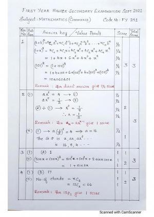 Kerala Plus One (Class 11th) Mathematics-Commerce (60 Score) Answer Key 2021