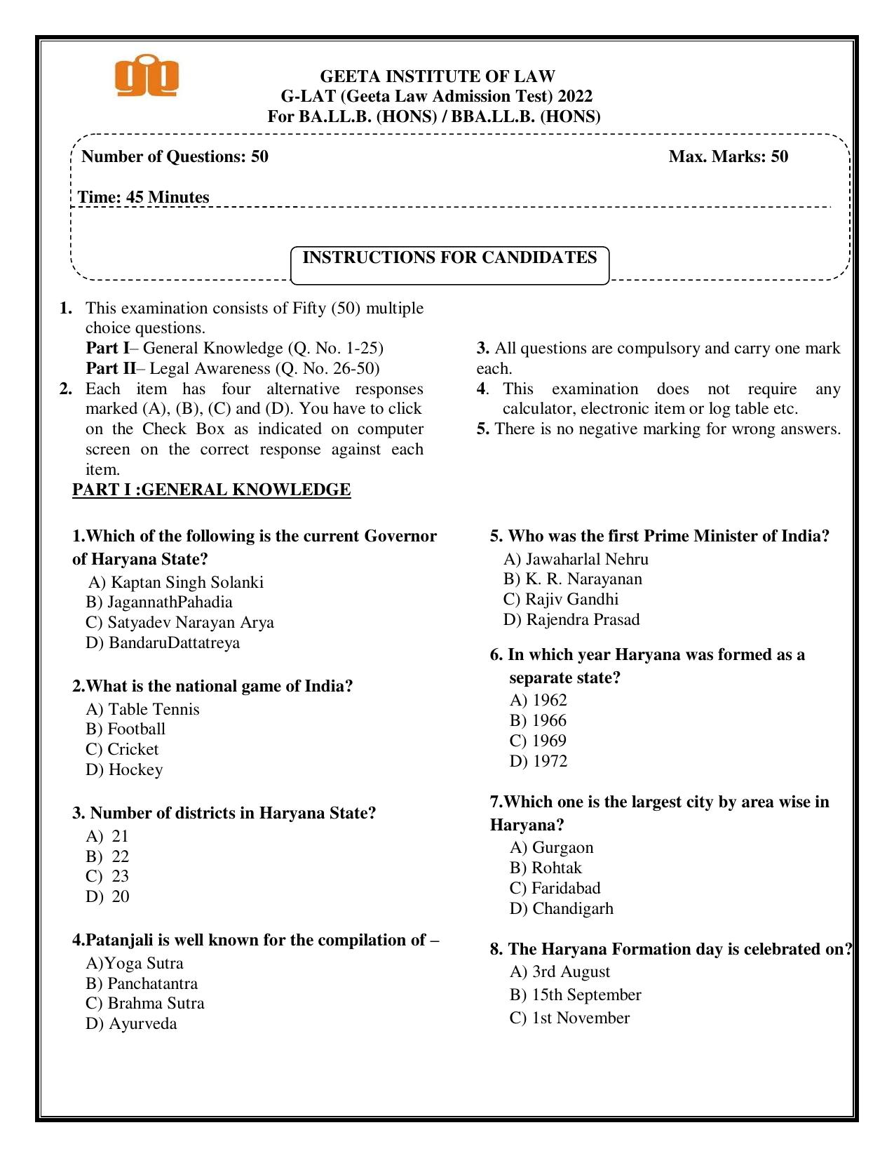 Geeta Law Admission Test (GLAT) 2022 Question Paper - Page 1