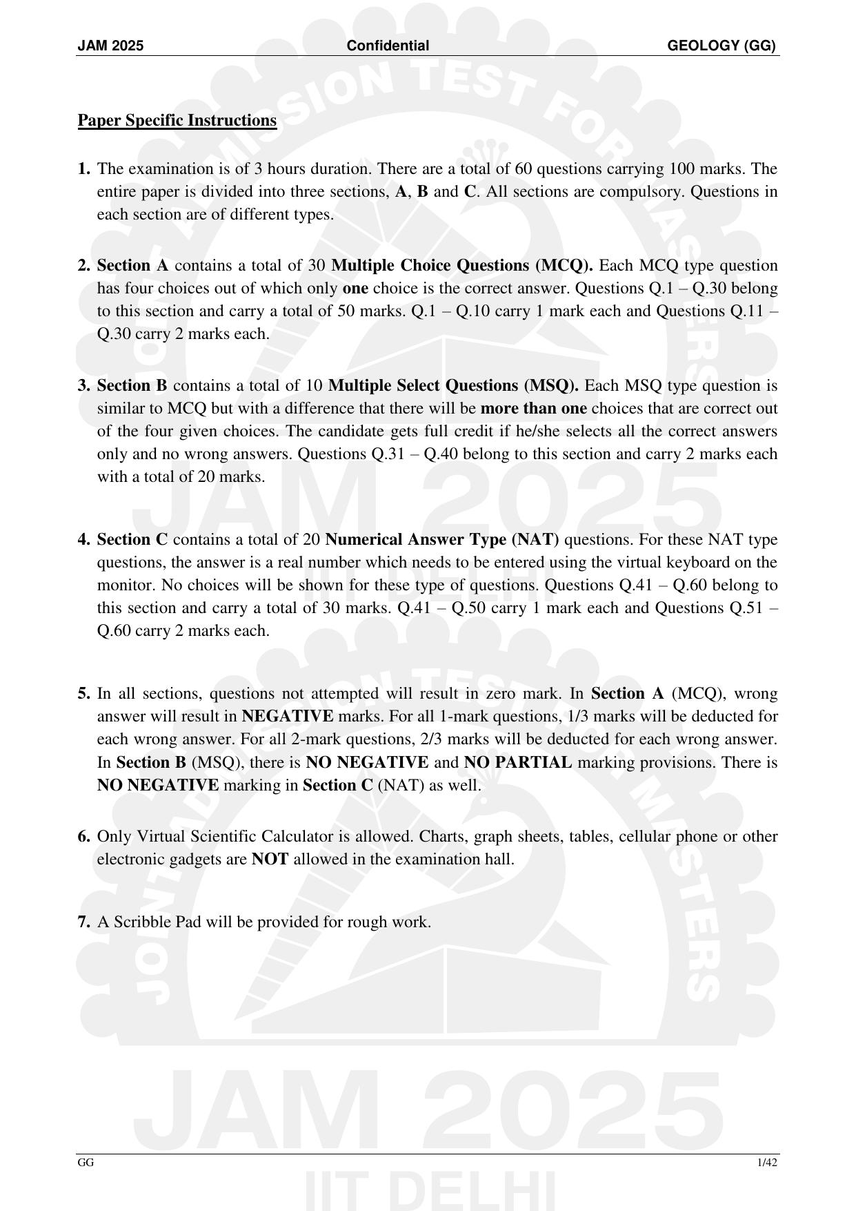 IIT JAM 2025 Geology (GG) Question Paper - Page 1