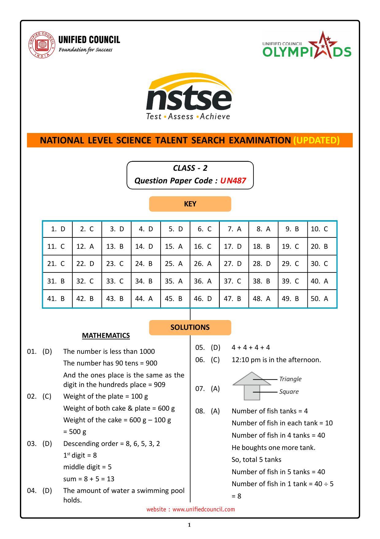 NSTSE 2023 Class 2 Answer Key (Paper Code 487) - Page 1