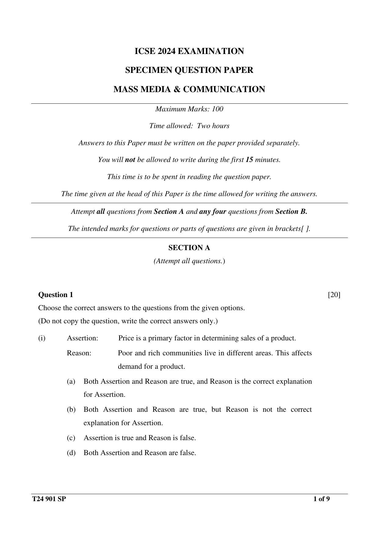 ICSE Class 10 2024 MASS MEDIA & COMMUNICATION Sample Paper - Page 1