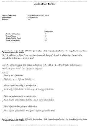AP EAPCET 2018 - April 23, 2018 - Master Engineering Question Paper With Preliminary Keys Shift 1