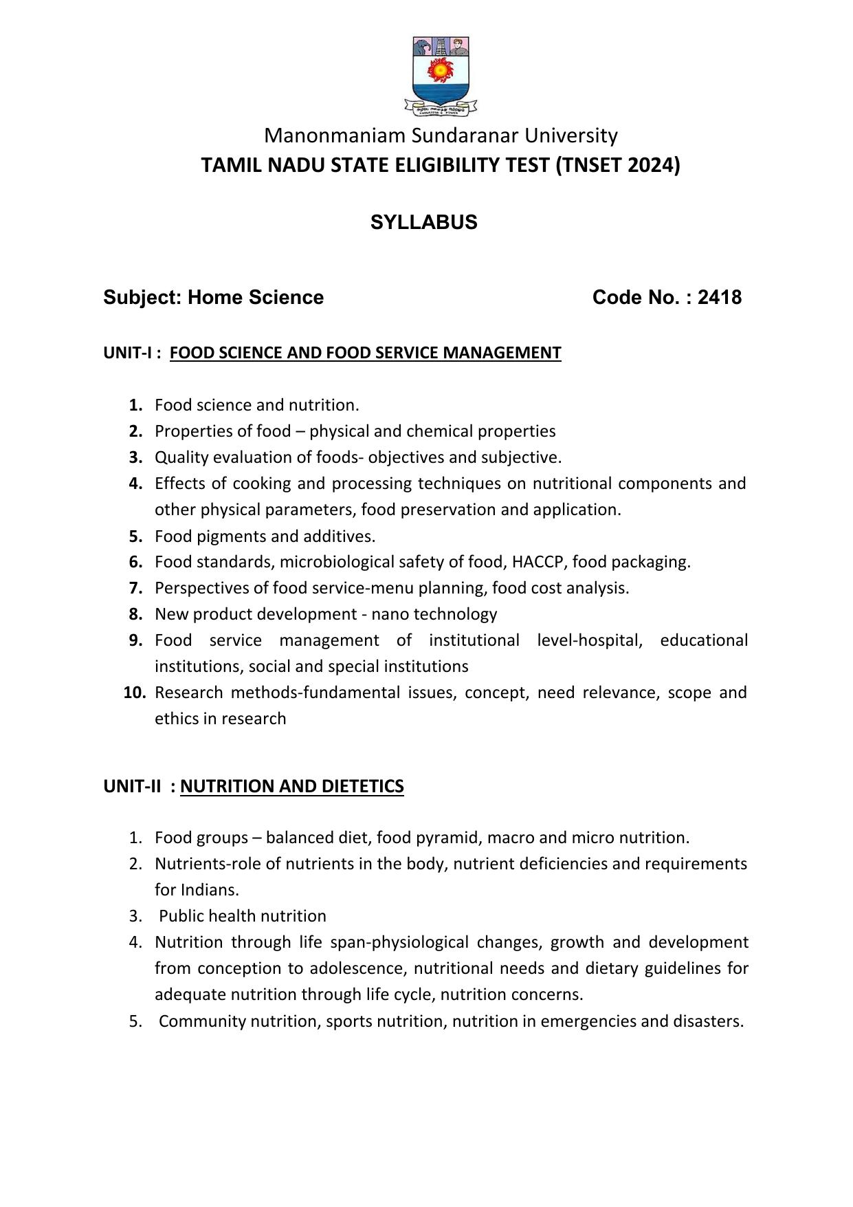 TNSET Syllabus - Home Science - Page 1