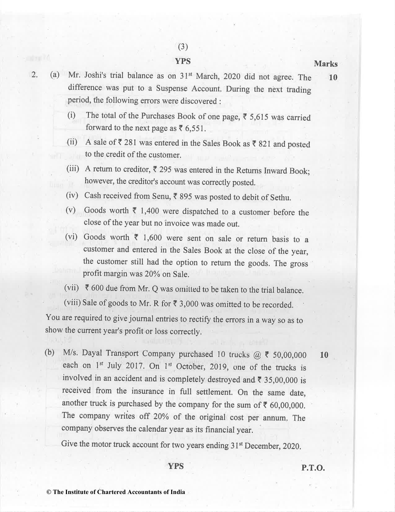 CA Foundation December 2020 Question Paper - Paper 1 (Principles and Practice of Accounting) - Page 3