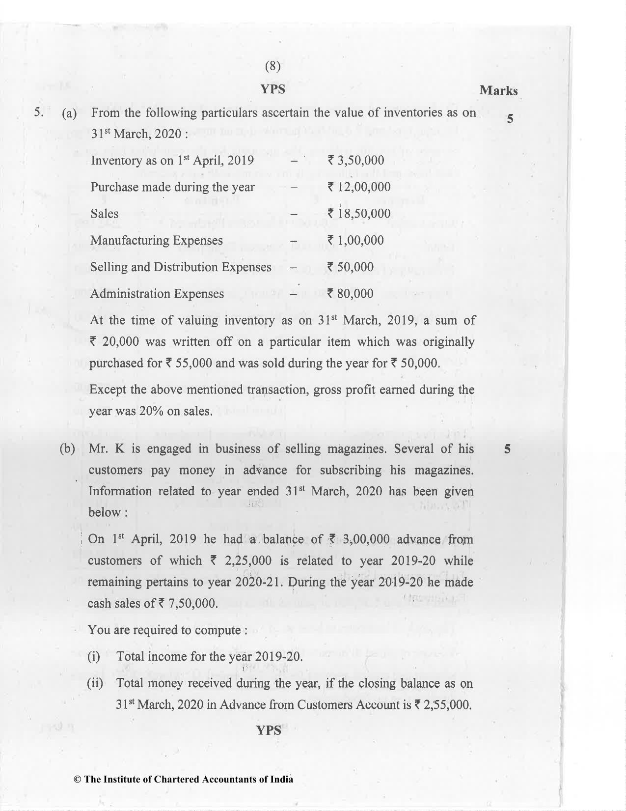 CA Foundation December 2020 Question Paper - Paper 1 (Principles and Practice of Accounting) - Page 8