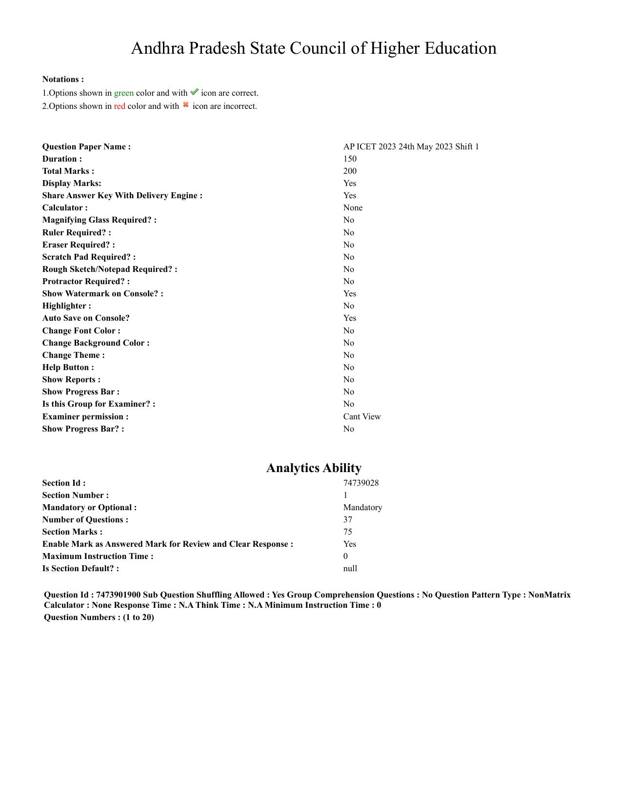 AP ICET 2023 - Shift 1 Question Paper With Preliminary Keys - Page 1
