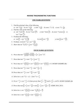 CBSE Class 12 Maths Inverse Trigonometric Functions Assignment 01