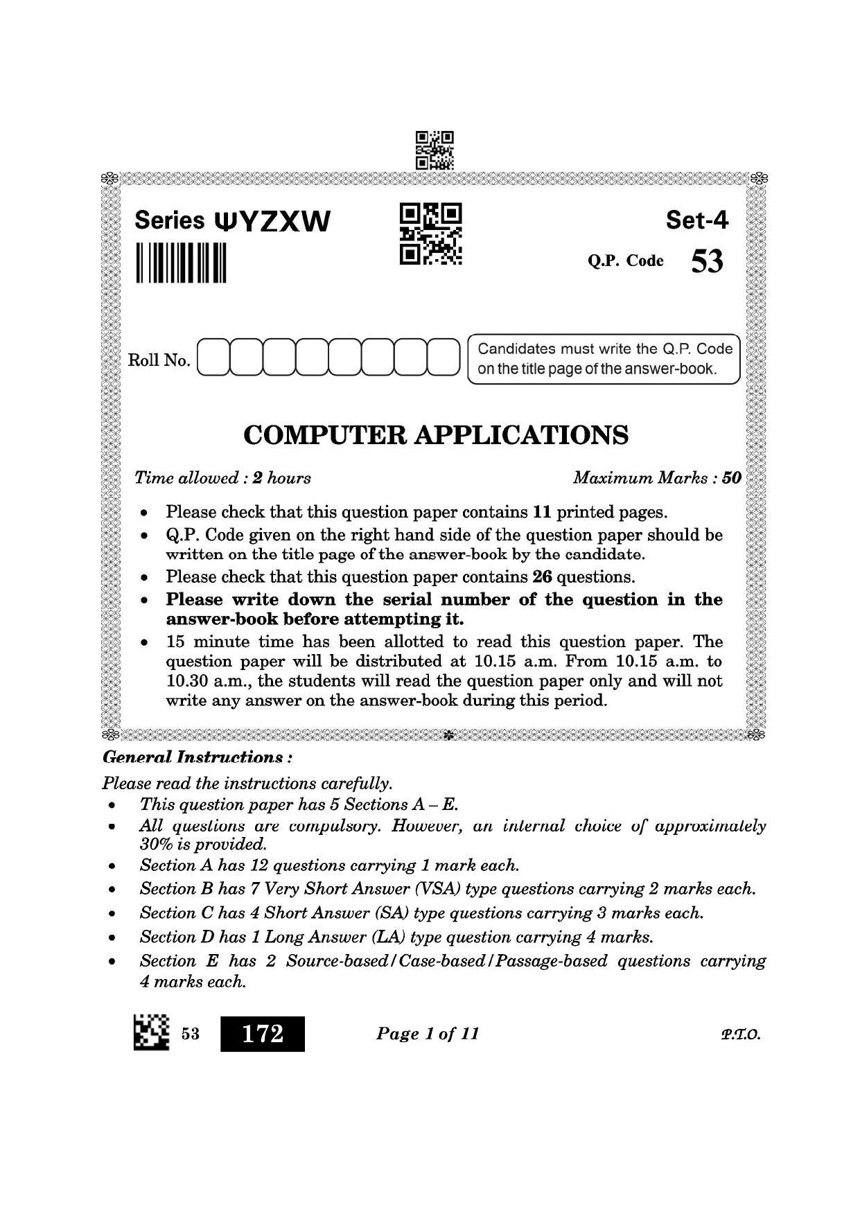 CBSE Class 10 53_Computer Applications 2023 Question Paper - Page 1
