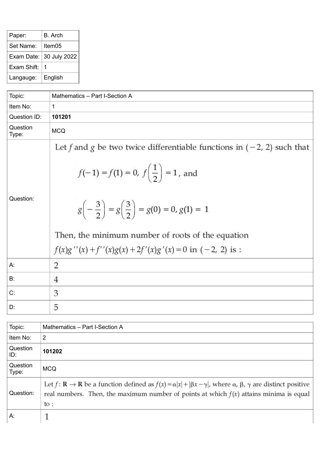 JEE Mains 2022: B.Arch English (Shift 1) 30-07-2022 Question Paper - Page 1