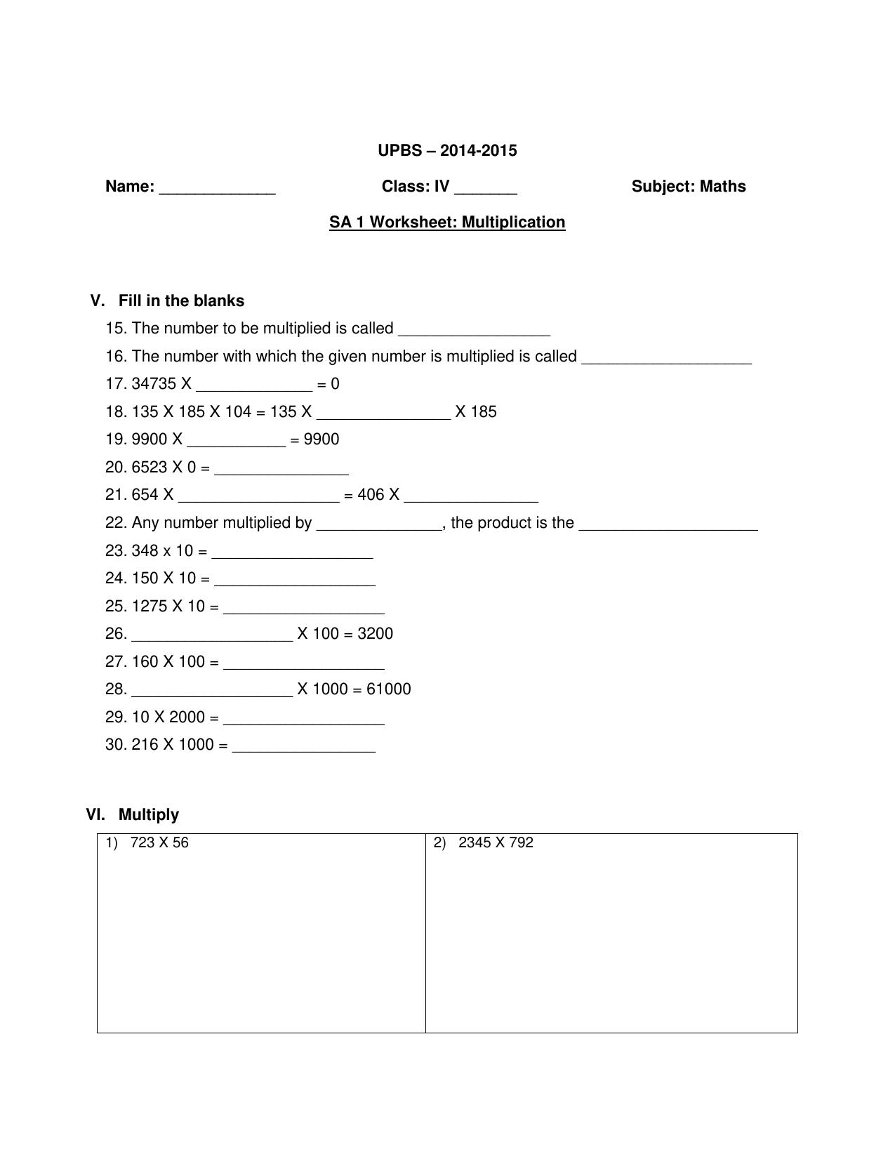 Worksheet for Class 4 Maths Assignment 28 Multiplication - Page 1