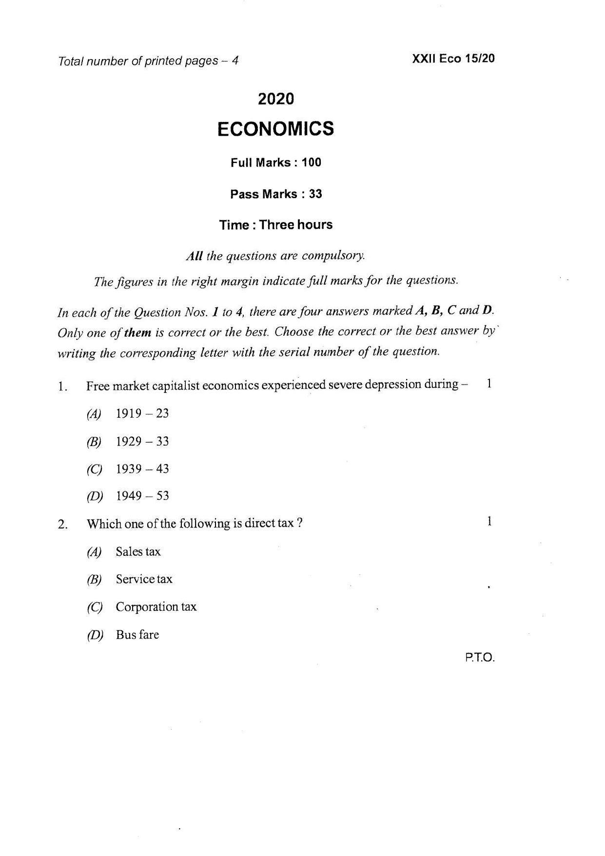 COHSEM Class 12 Economics Question Papers 2020 - Page 1