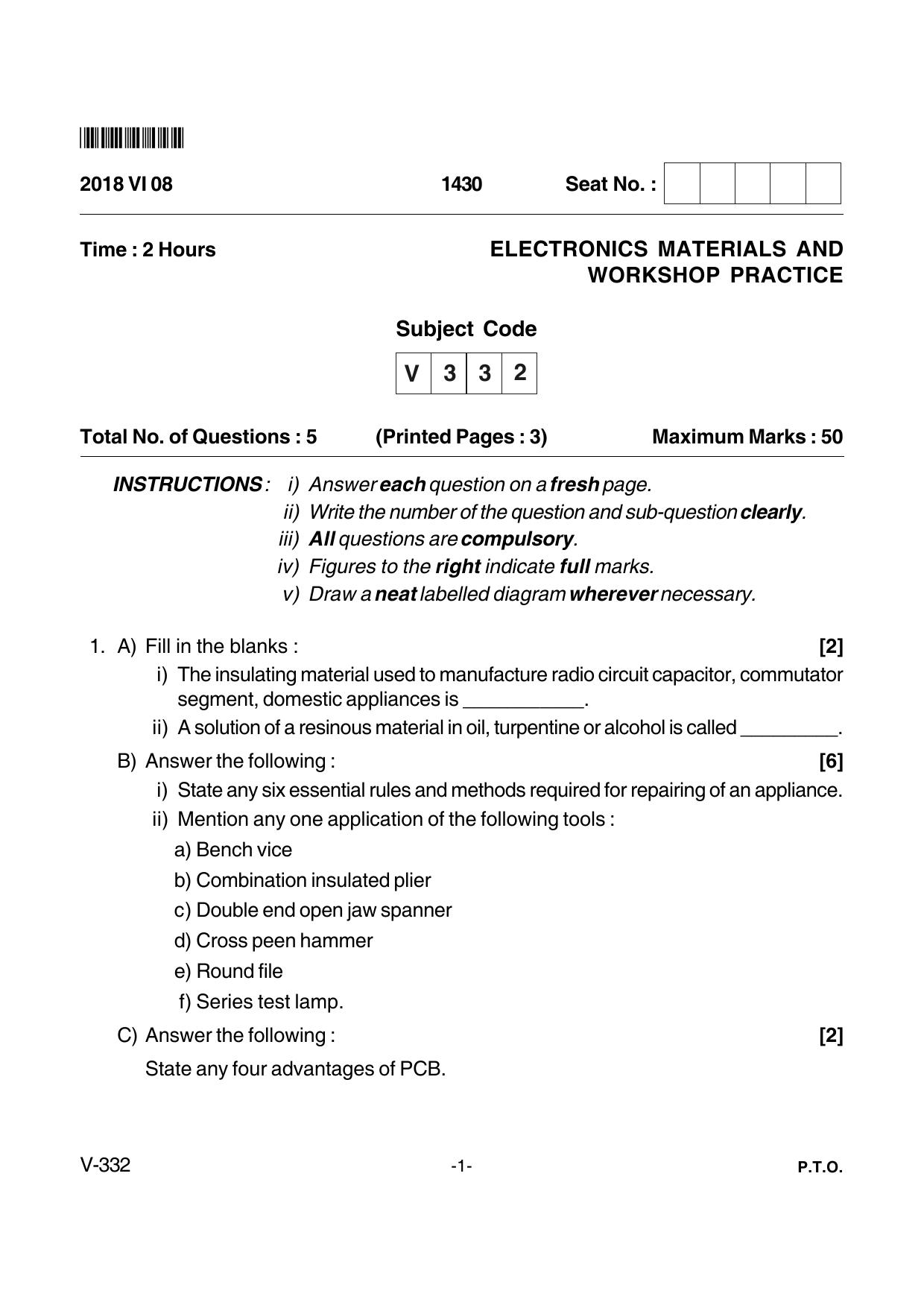Goa Board Class 12 Electronic Material & Workshop Practice  Voc 332 (June 2018) Question Paper - Page 1