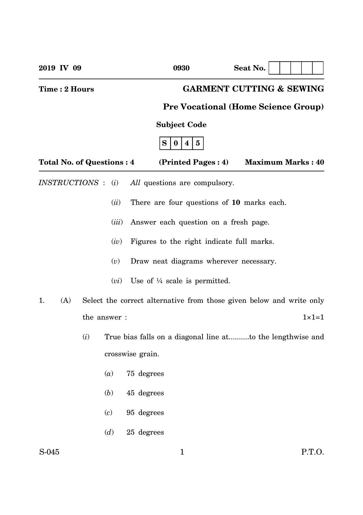 Goa Board Class 10 Garment Cutting Sewing  (March 2019) Question Paper - Page 1
