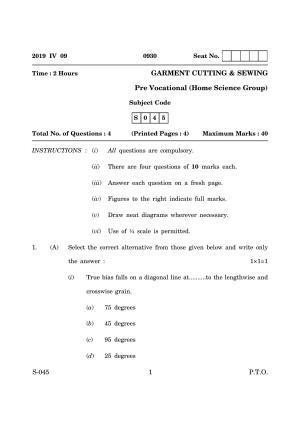 Goa Board Class 10 Garment Cutting Sewing  (March 2019) Question Paper