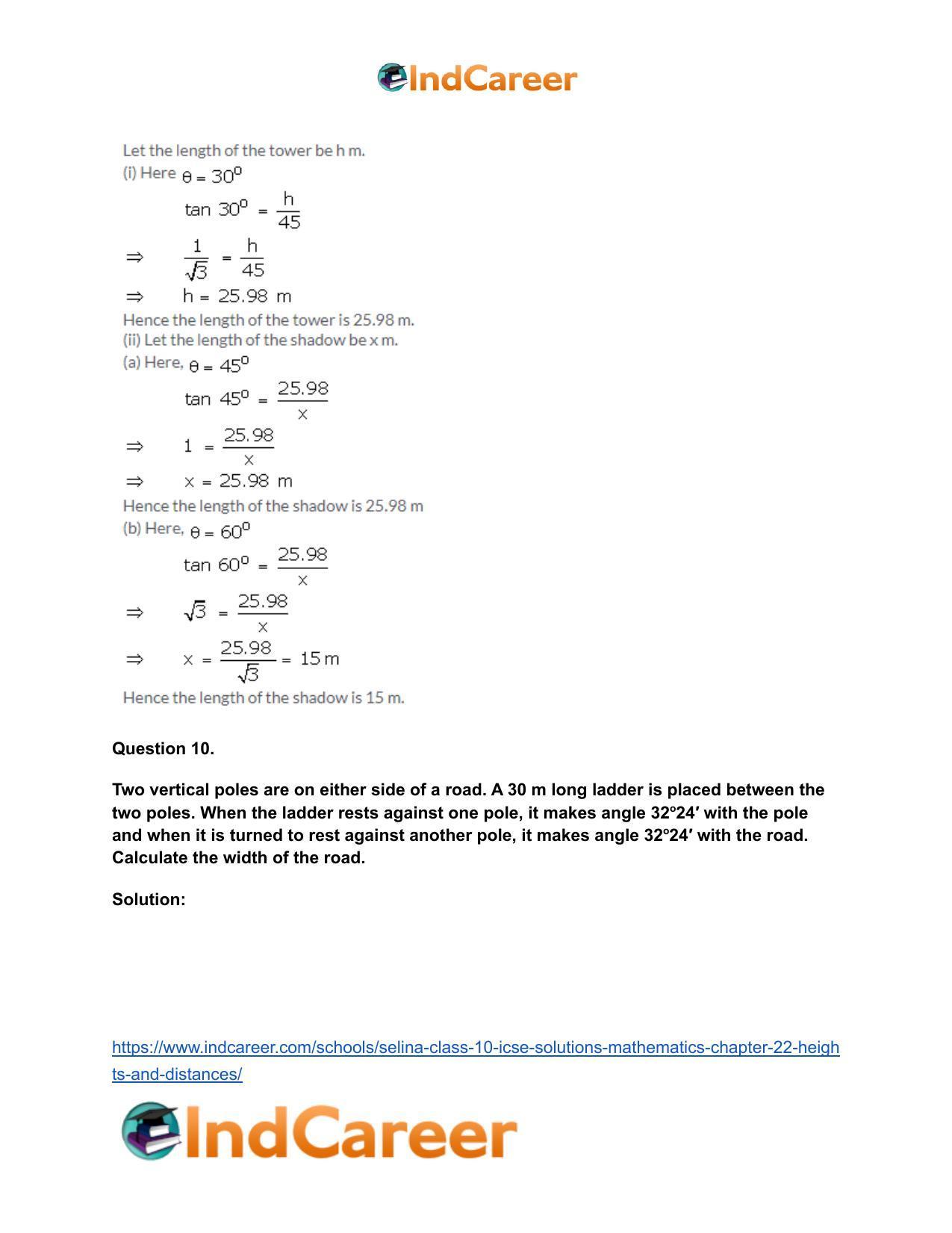 Selina Class 10 ICSE Solutions Mathematics : Chapter 22- Heights and Distances - Page 9