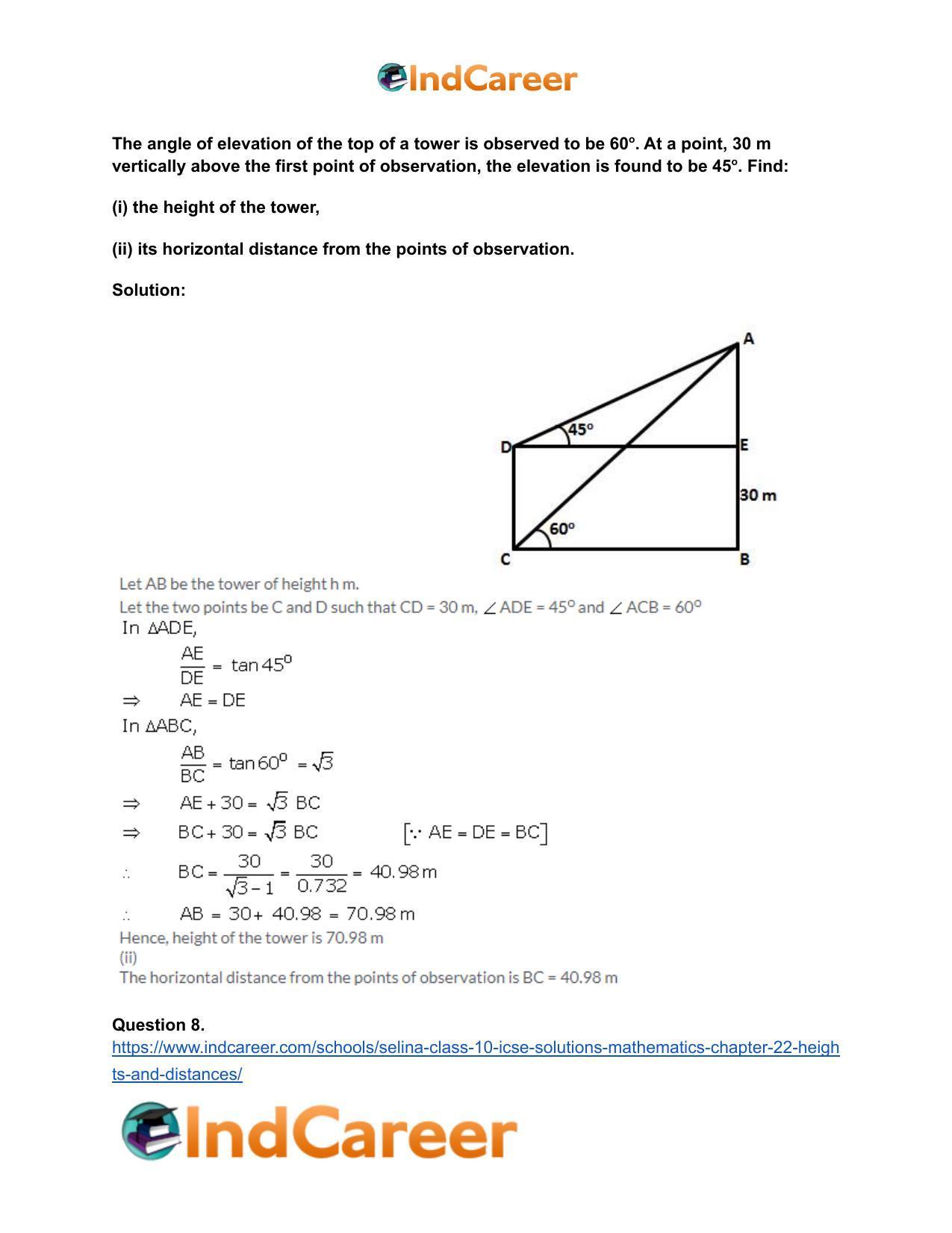 Selina Class 10 ICSE Solutions Mathematics : Chapter 22- Heights and Distances - Page 20