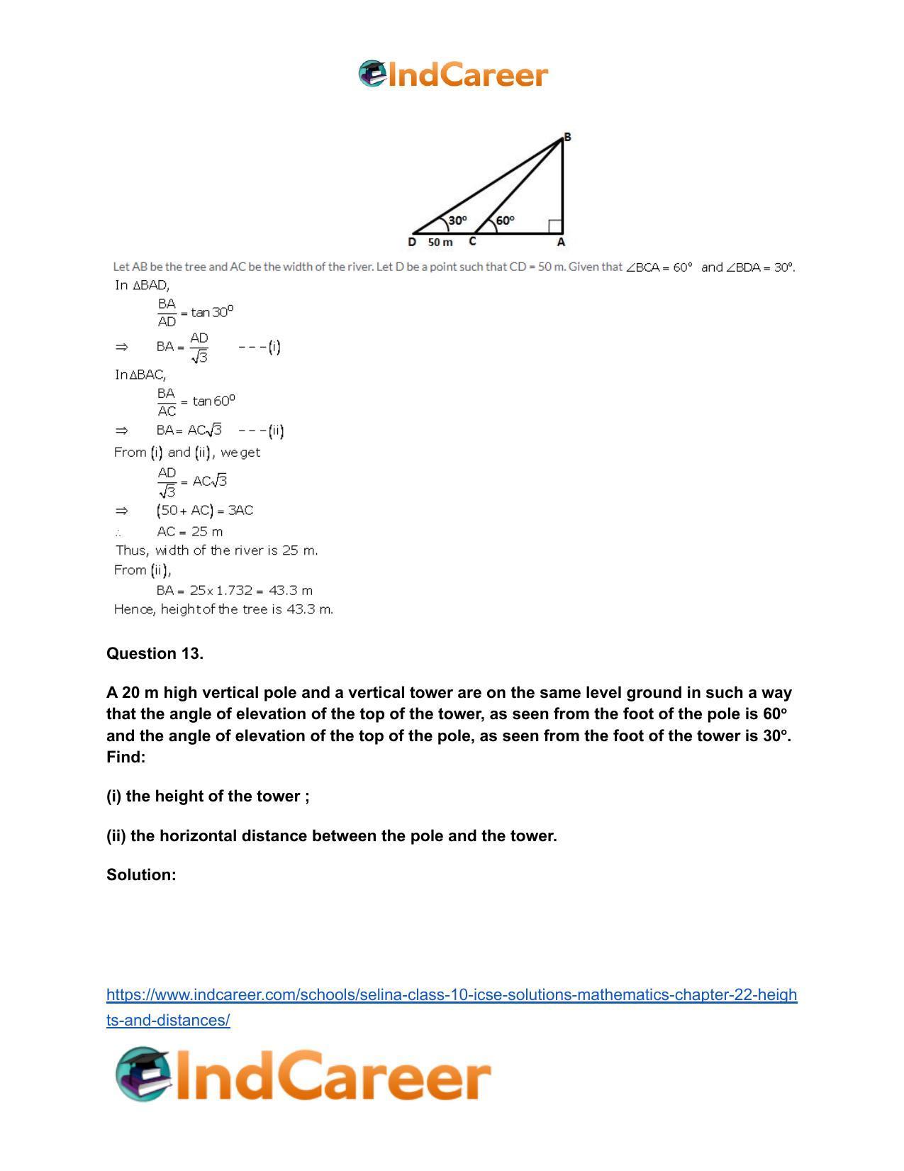 Selina Class 10 ICSE Solutions Mathematics : Chapter 22- Heights and Distances - Page 42