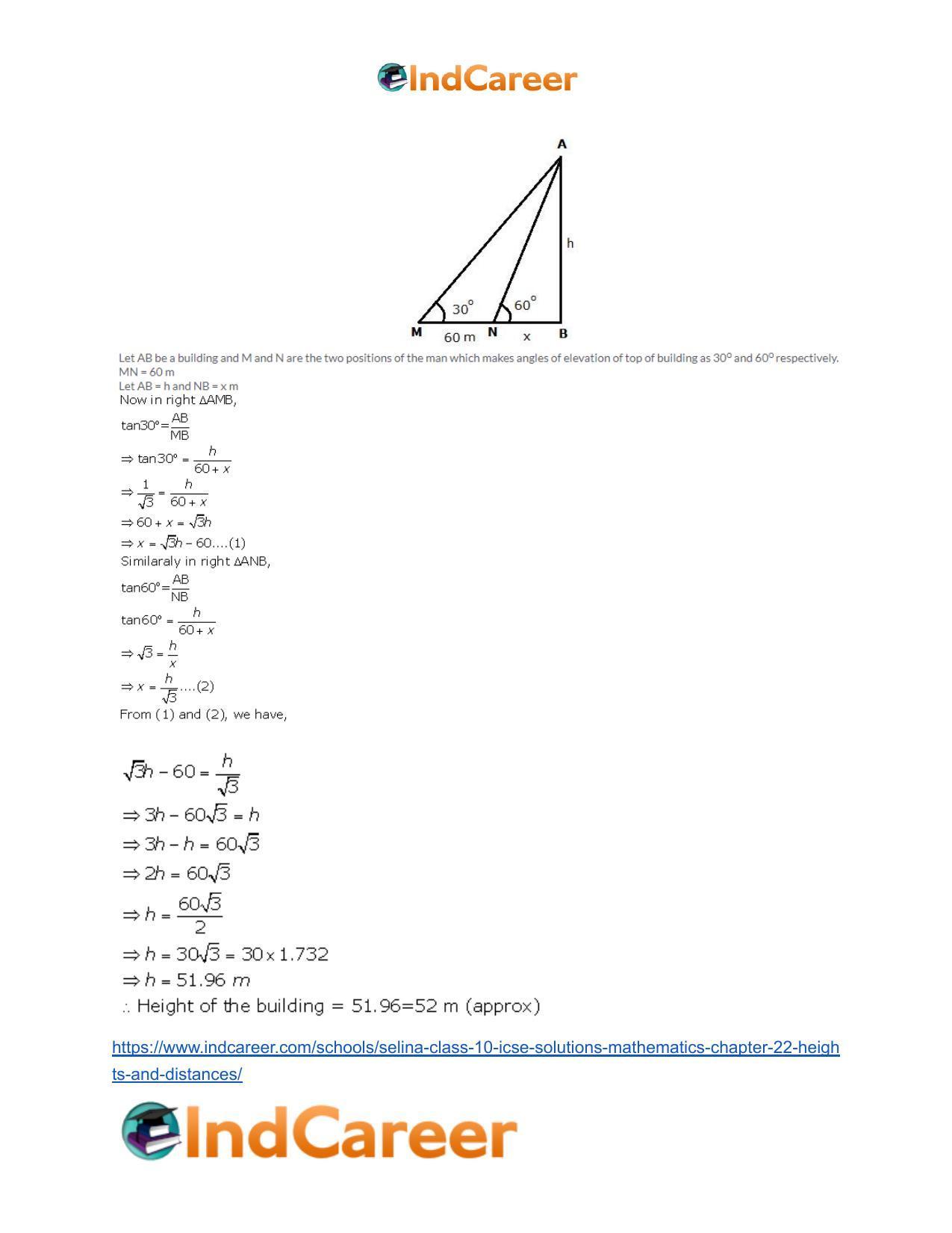 Selina Class 10 ICSE Solutions Mathematics : Chapter 22- Heights and Distances - Page 47
